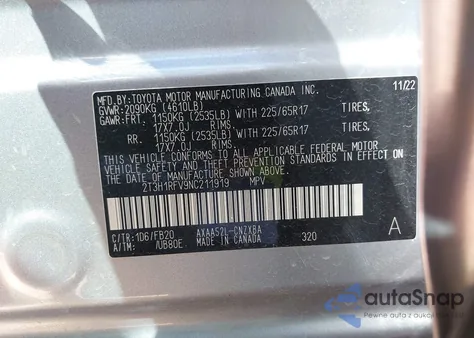 2022 Toyota Rav4 Le из США, поврежденный, VIN 2T3H1RFV9NC211919